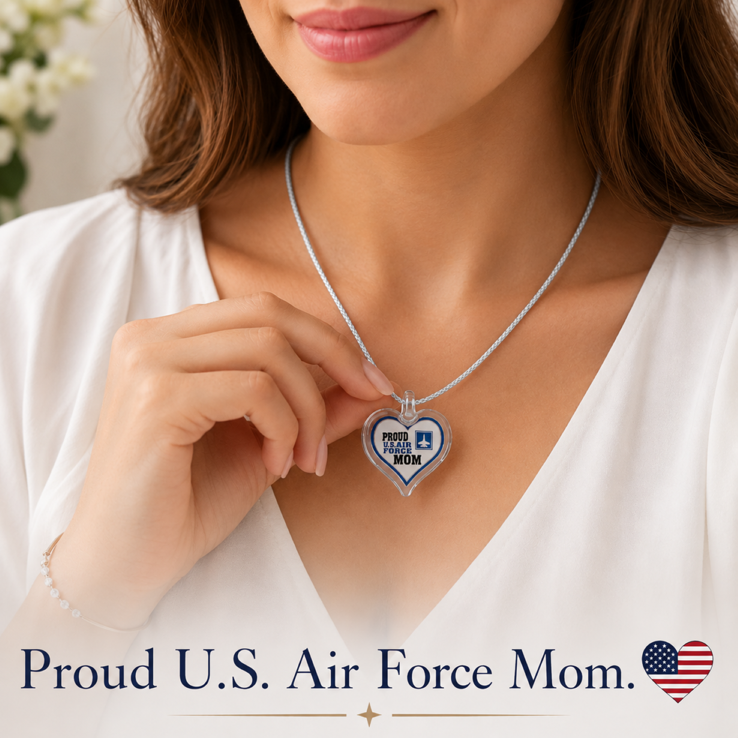Heart-shaped Proud U.S. Air Force Mom glass necklace on silver cord