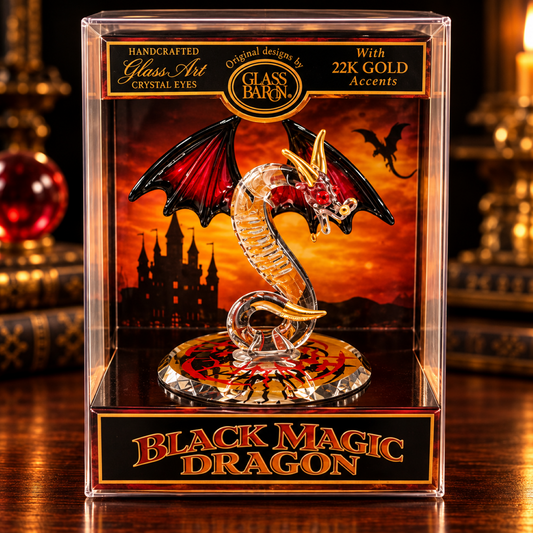 Glass Dragon Figurine, Black Magic Fantasy Keepsake Box, Red Winged Dragon Collectible