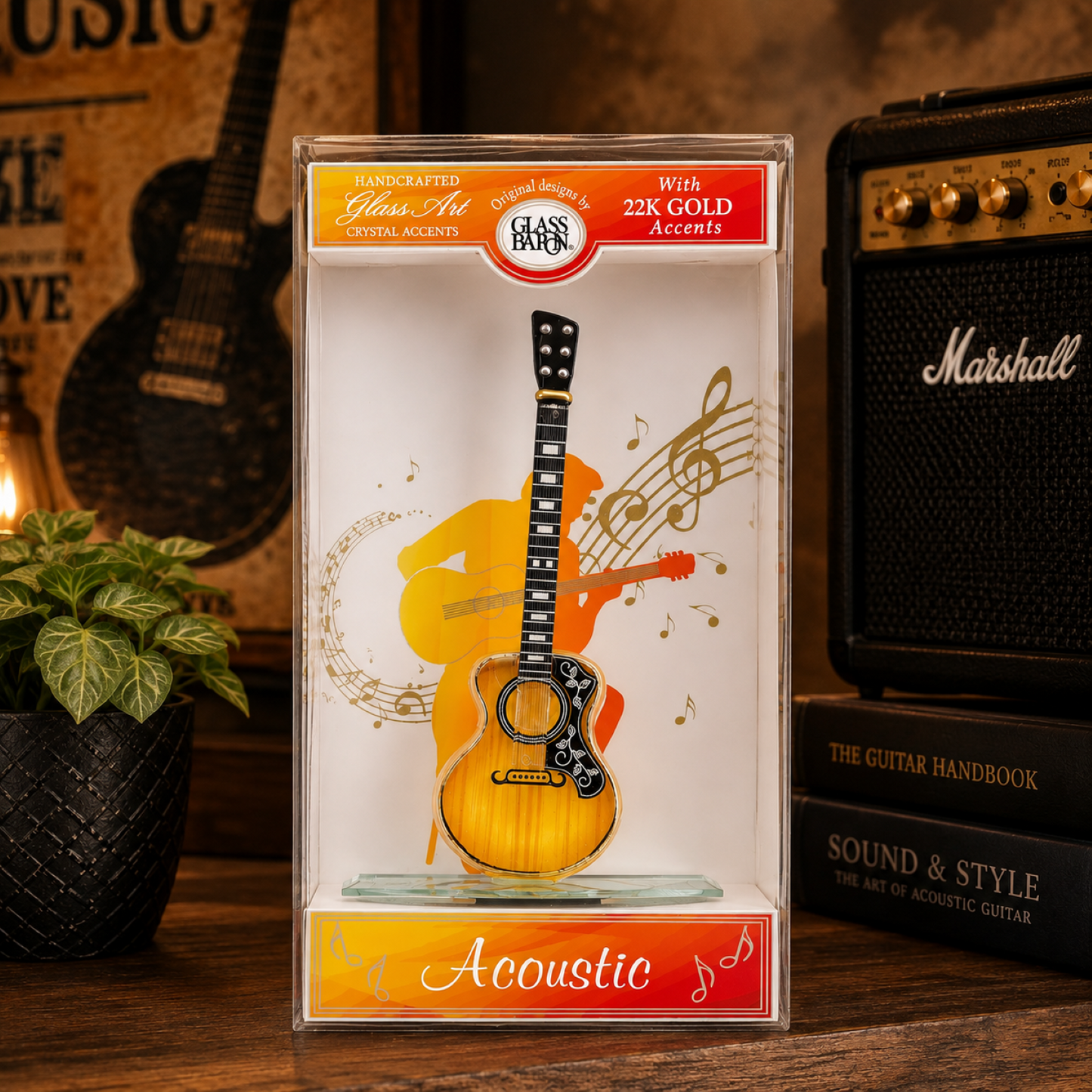 Acoustic Guitar Glass Figurine Keepsake Box Music Gift Decor