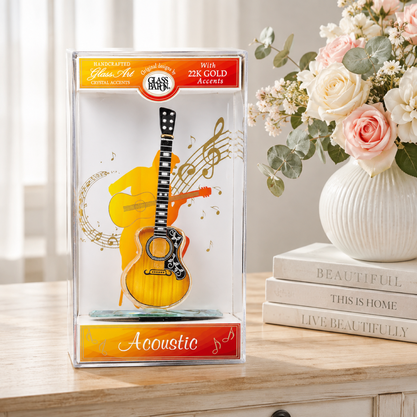 Acoustic Guitar Glass Figurine Keepsake Box Music Gift Decor