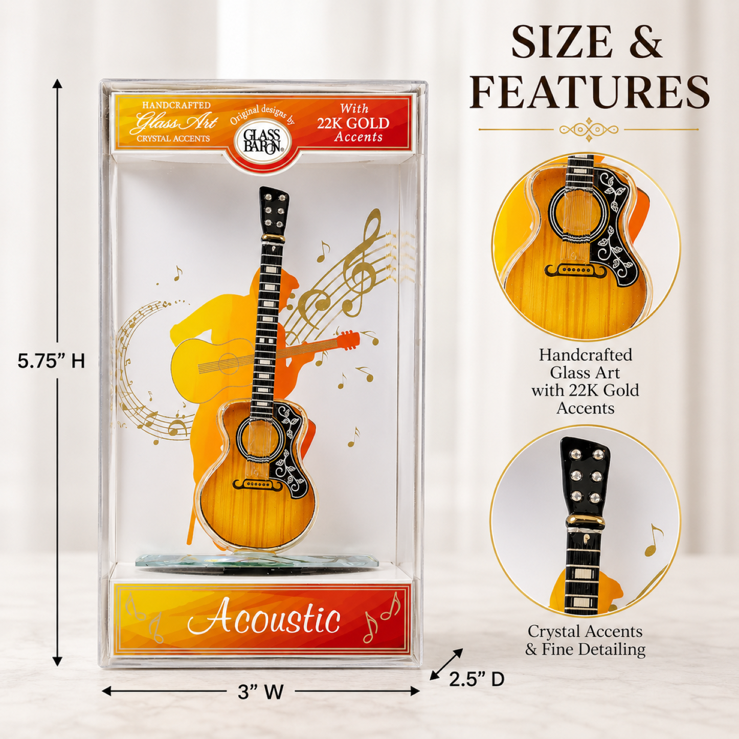 Acoustic Guitar Glass Figurine Keepsake Box Music Gift Decor