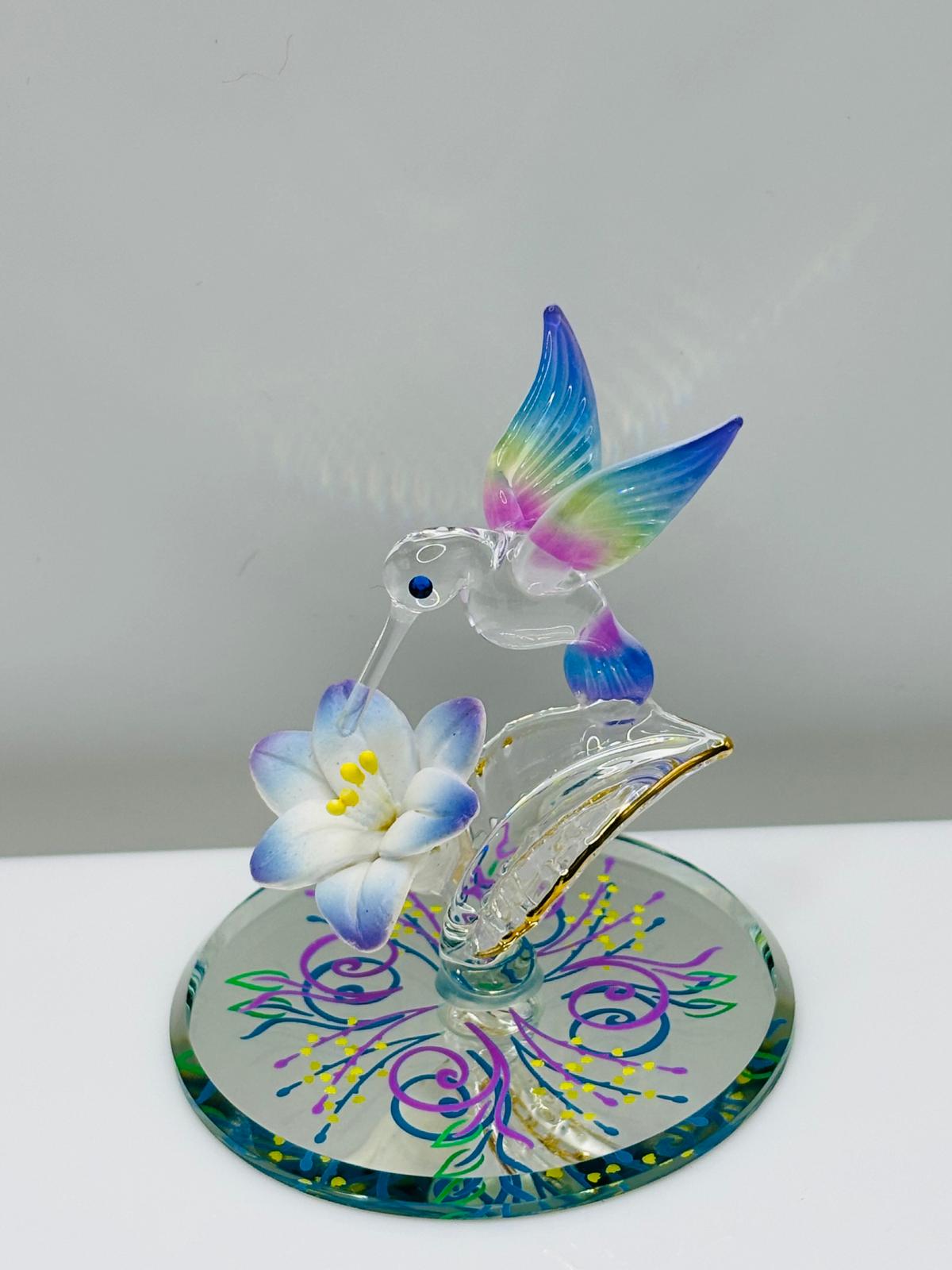 Blue Hummingbird Glass Figurine Miniature Lily Flower Decor Collectible