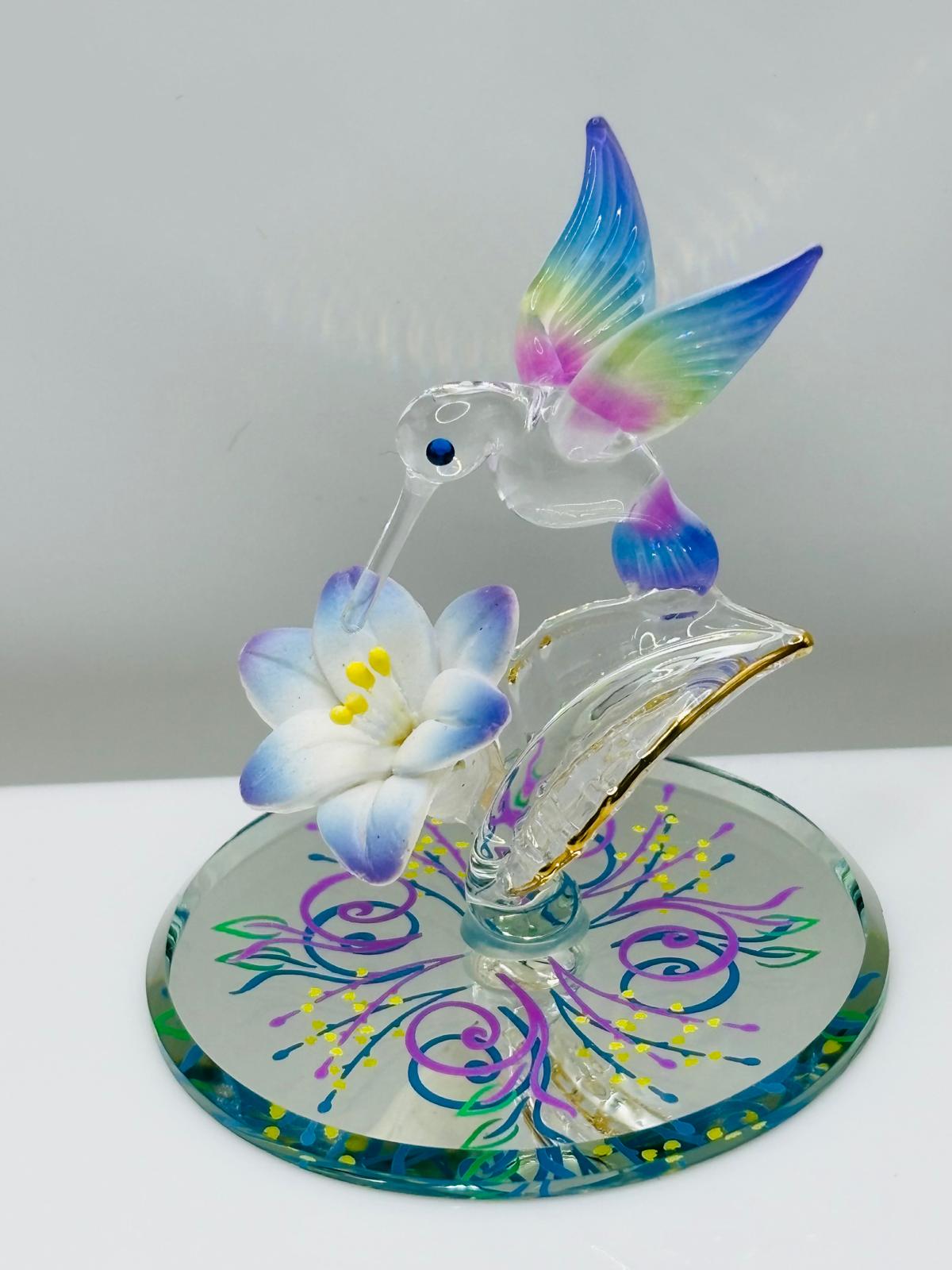 Blue Hummingbird Glass Figurine Miniature Lily Flower Decor Collectible