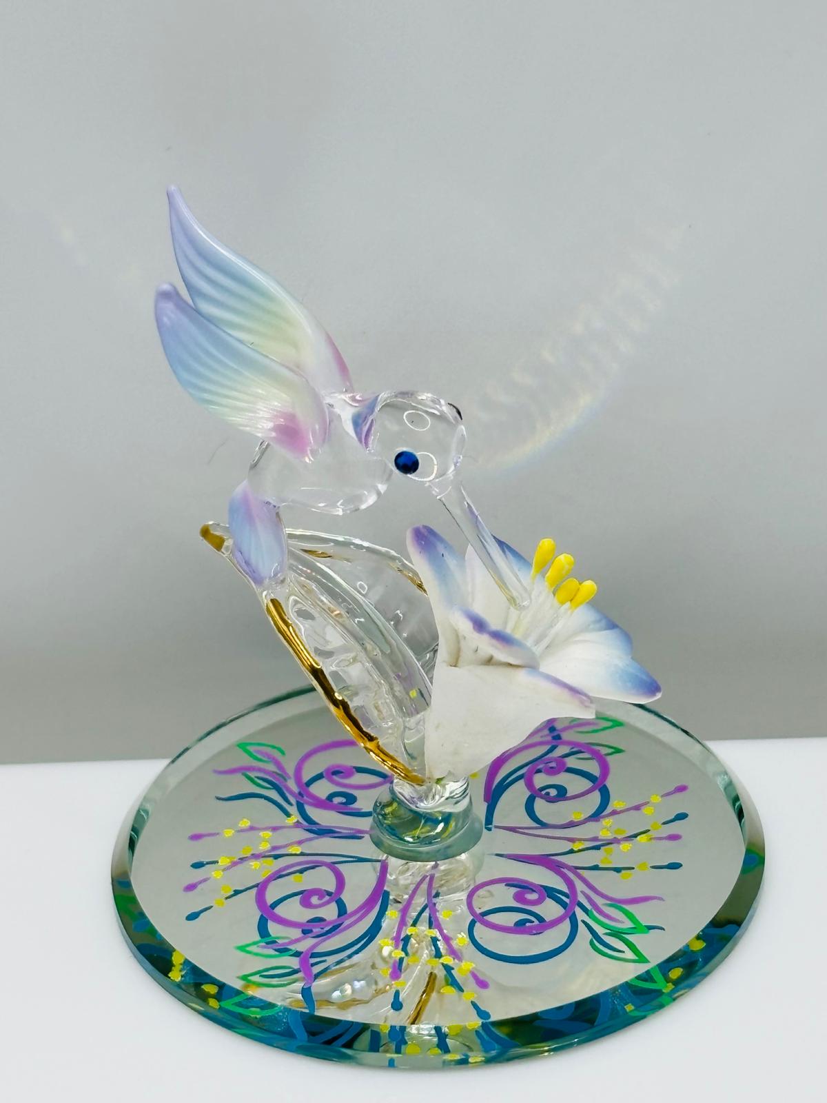Blue Hummingbird Glass Figurine Miniature Lily Flower Decor Collectible