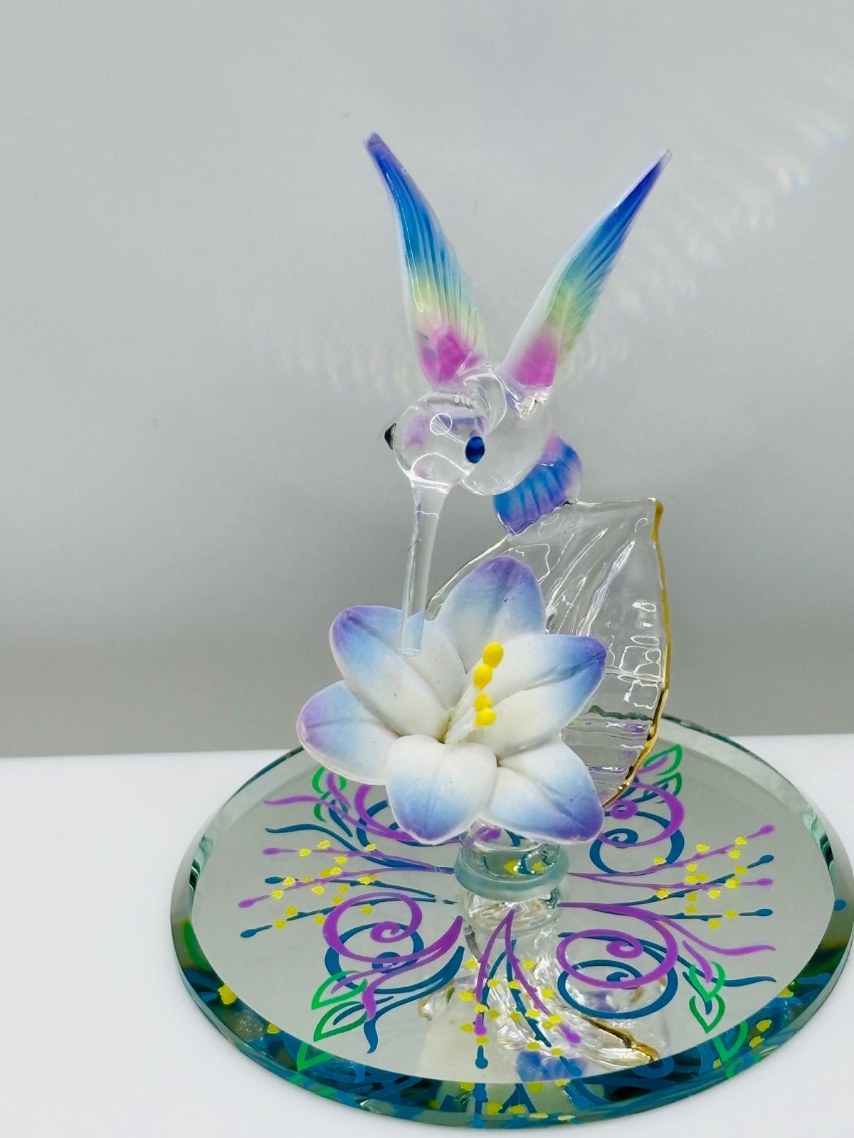 Blue Hummingbird Glass Figurine Miniature Lily Flower Decor Collectible