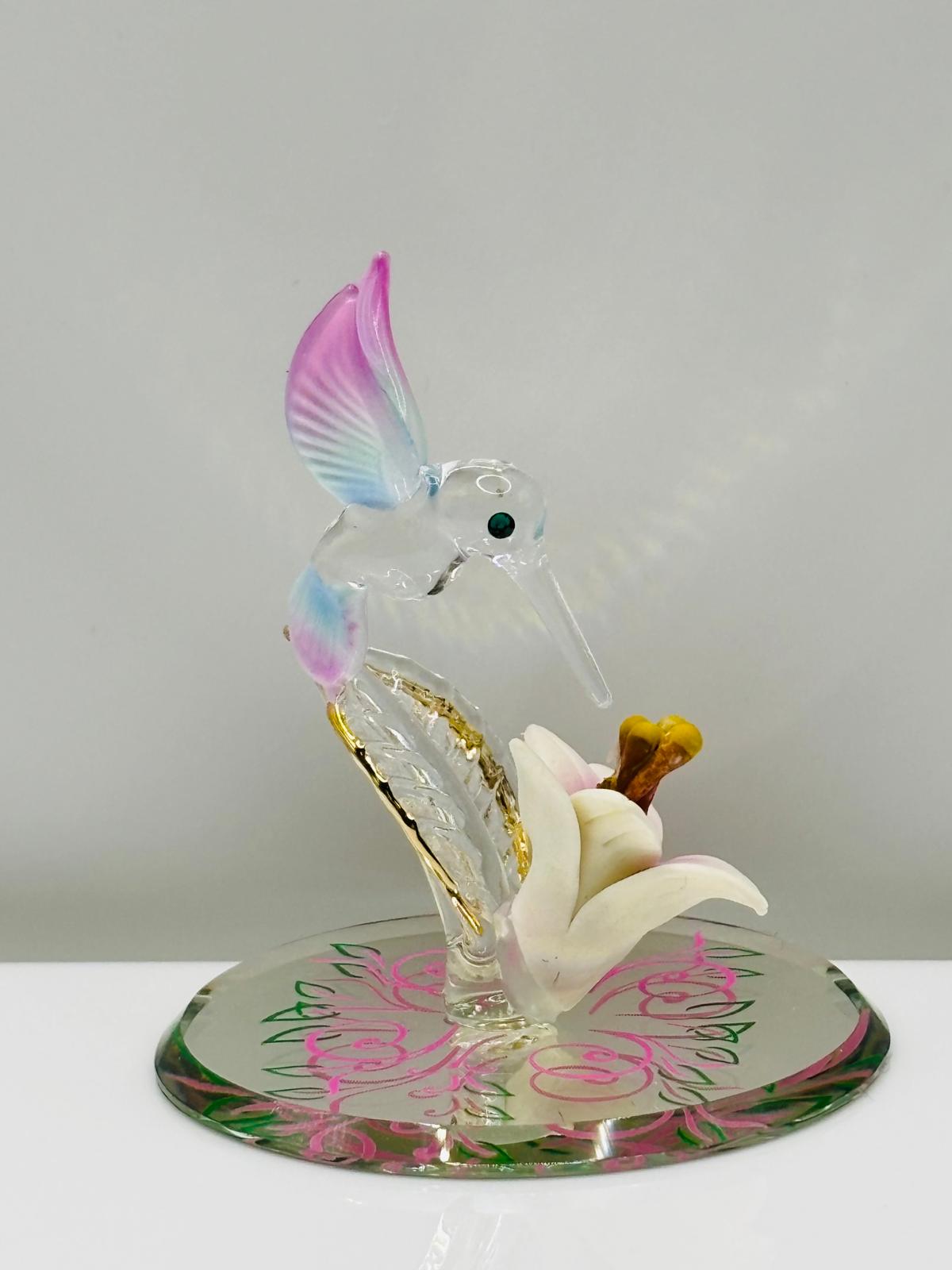 Hummingbird Figurine Glass Bird Miniature Lily Flower Mom Gift Collectible Decor