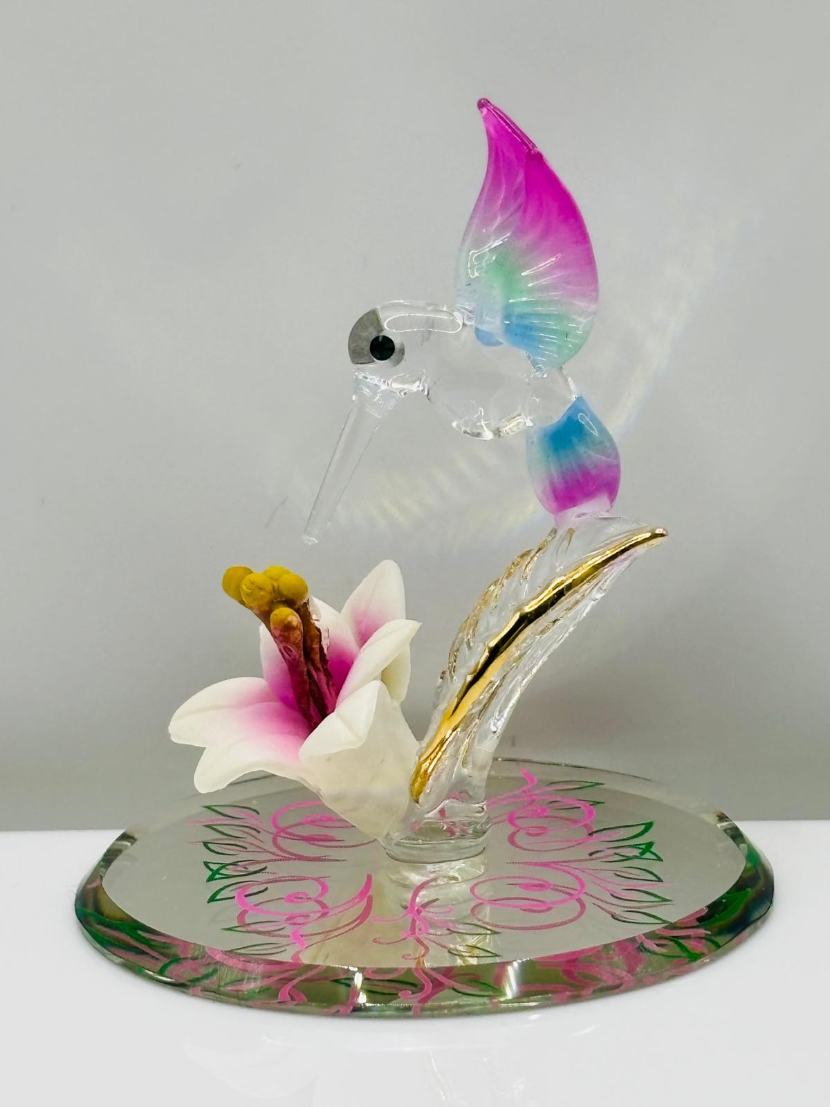 Hummingbird Figurine Glass Bird Miniature Lily Flower Mom Gift Collectible Decor