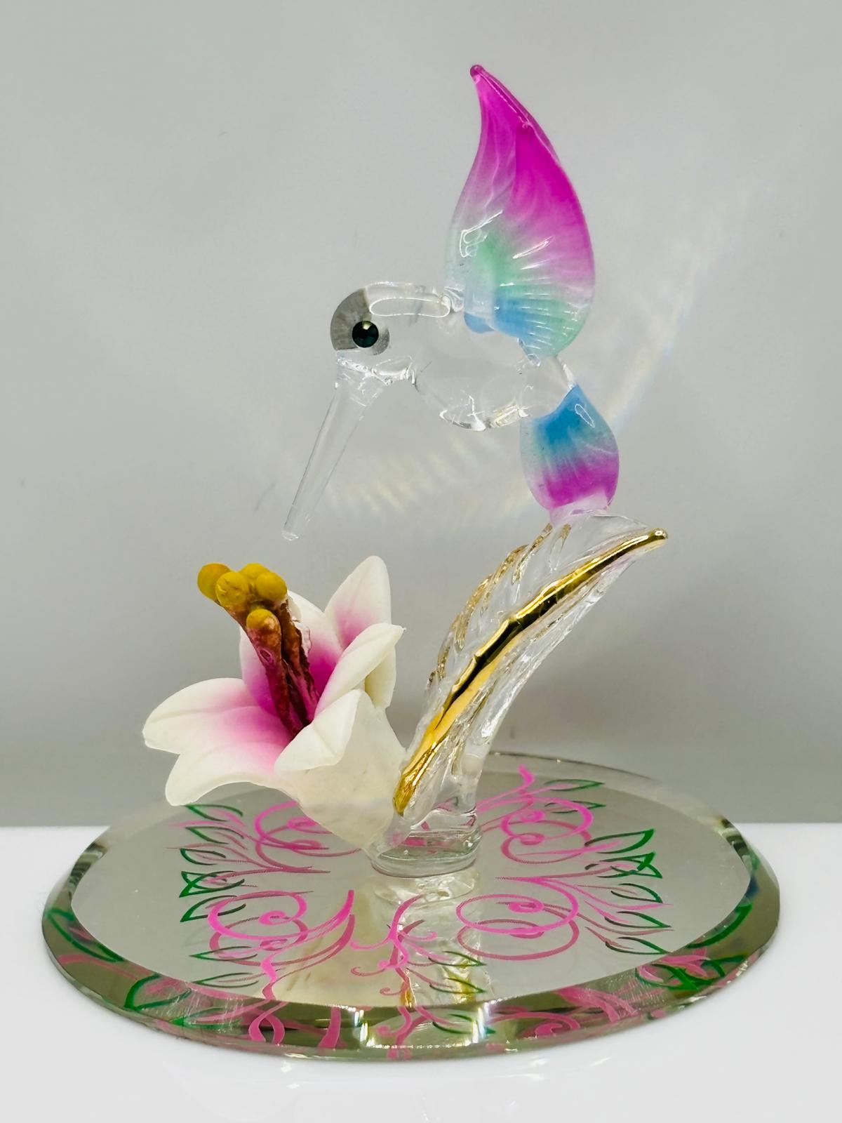 Hummingbird Figurine Glass Bird Miniature Lily Flower Mom Gift Collectible Decor