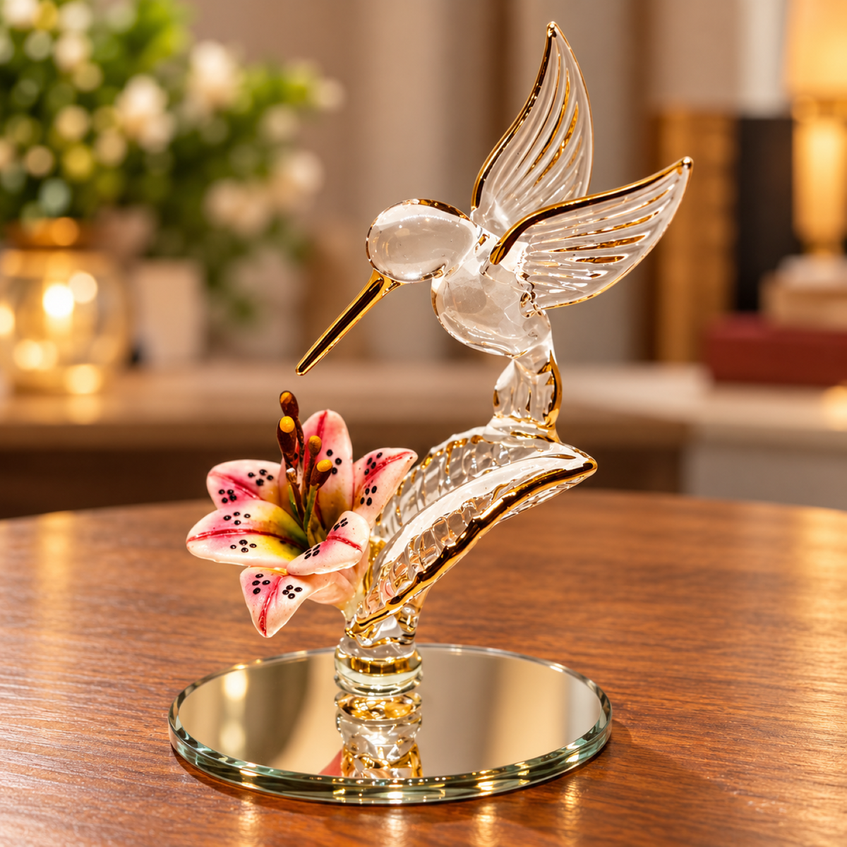 Handcrafted glass hummingbird figurine hovering over a pink lily on a beveled glass mirror with Real 22Kt Gold