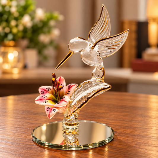 Handcrafted glass hummingbird figurine hovering over a pink lily on a beveled glass mirror with Real 22Kt Gold