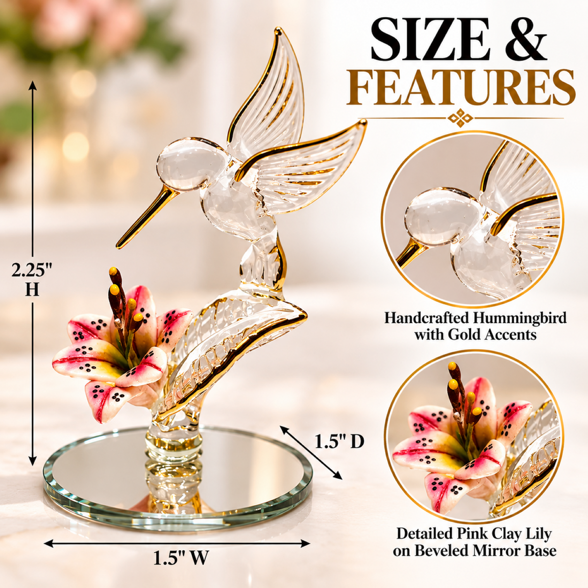 Glass Hummingbird Figurine, Hummingbird Flower Decor, Bird Lover Gift