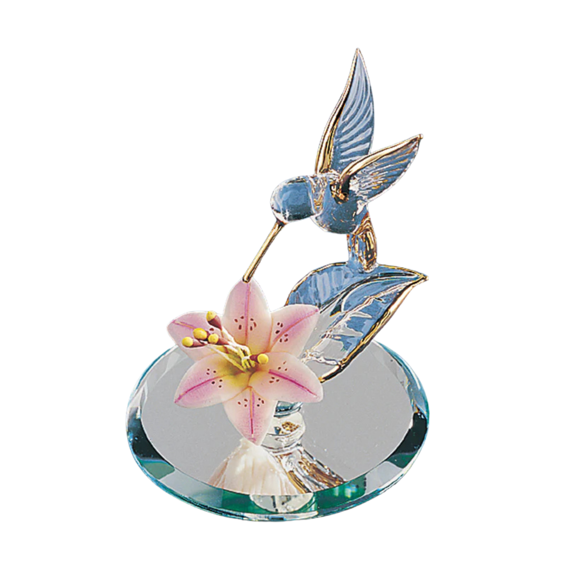 Glass hummingbird figurine above pink flower on beveled mirror base