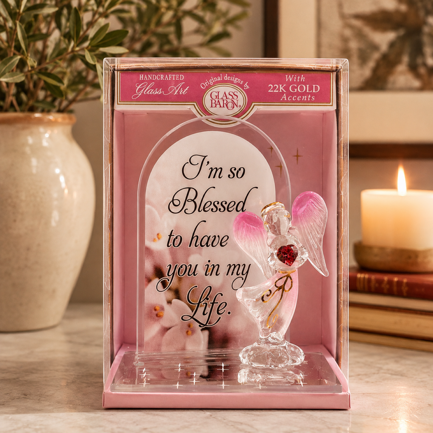 I'm Blessed glass angel figurine with pink wings and crystal heart in a keepsake box