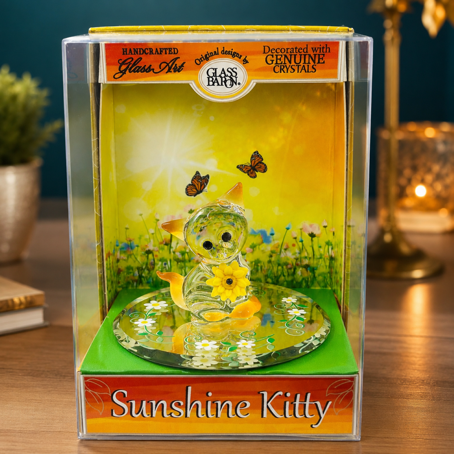 Sunshine Kitty Keepsake Box, Handcrafted Glass Cat Figurine, Cat Lover Gift, Glass Art Collectible, Home Décor