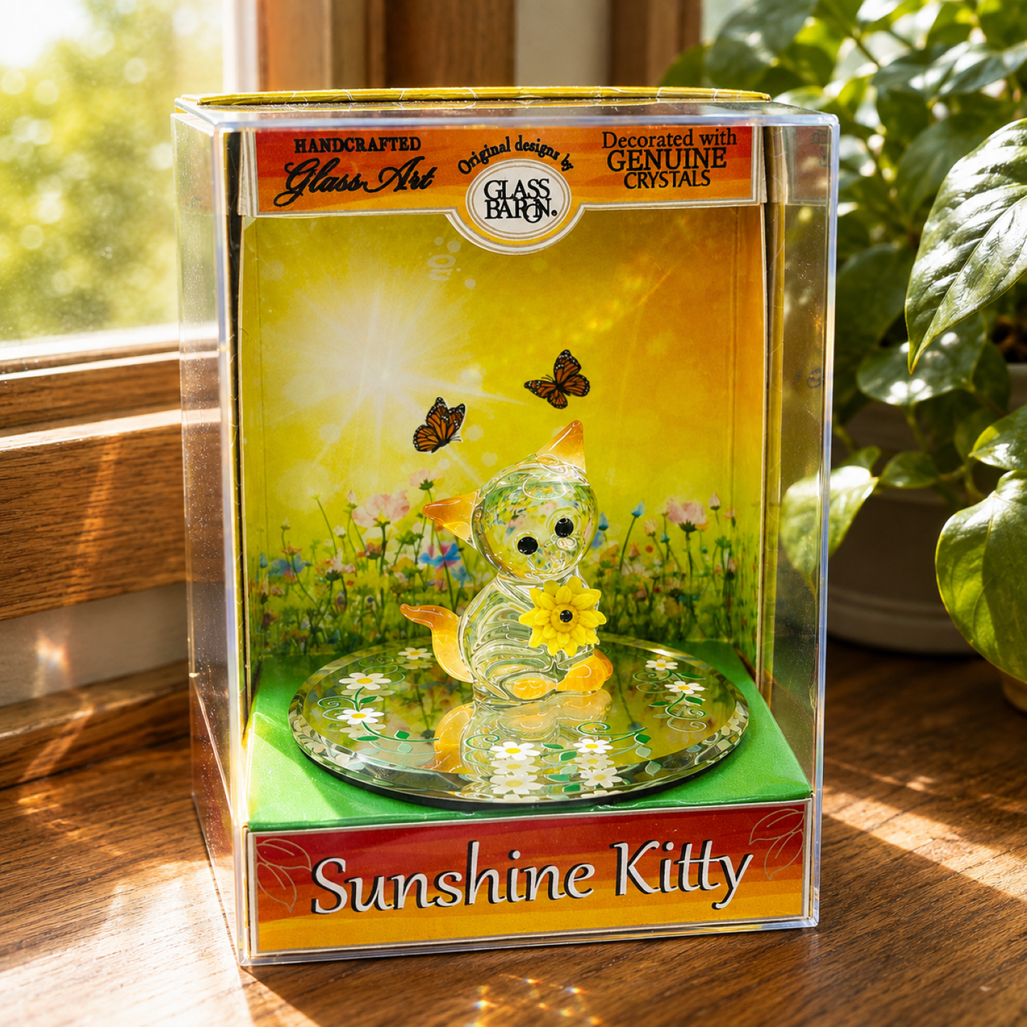 Sunshine Kitty Keepsake Box, Handcrafted Glass Cat Figurine, Cat Lover Gift, Glass Art Collectible, Home Décor