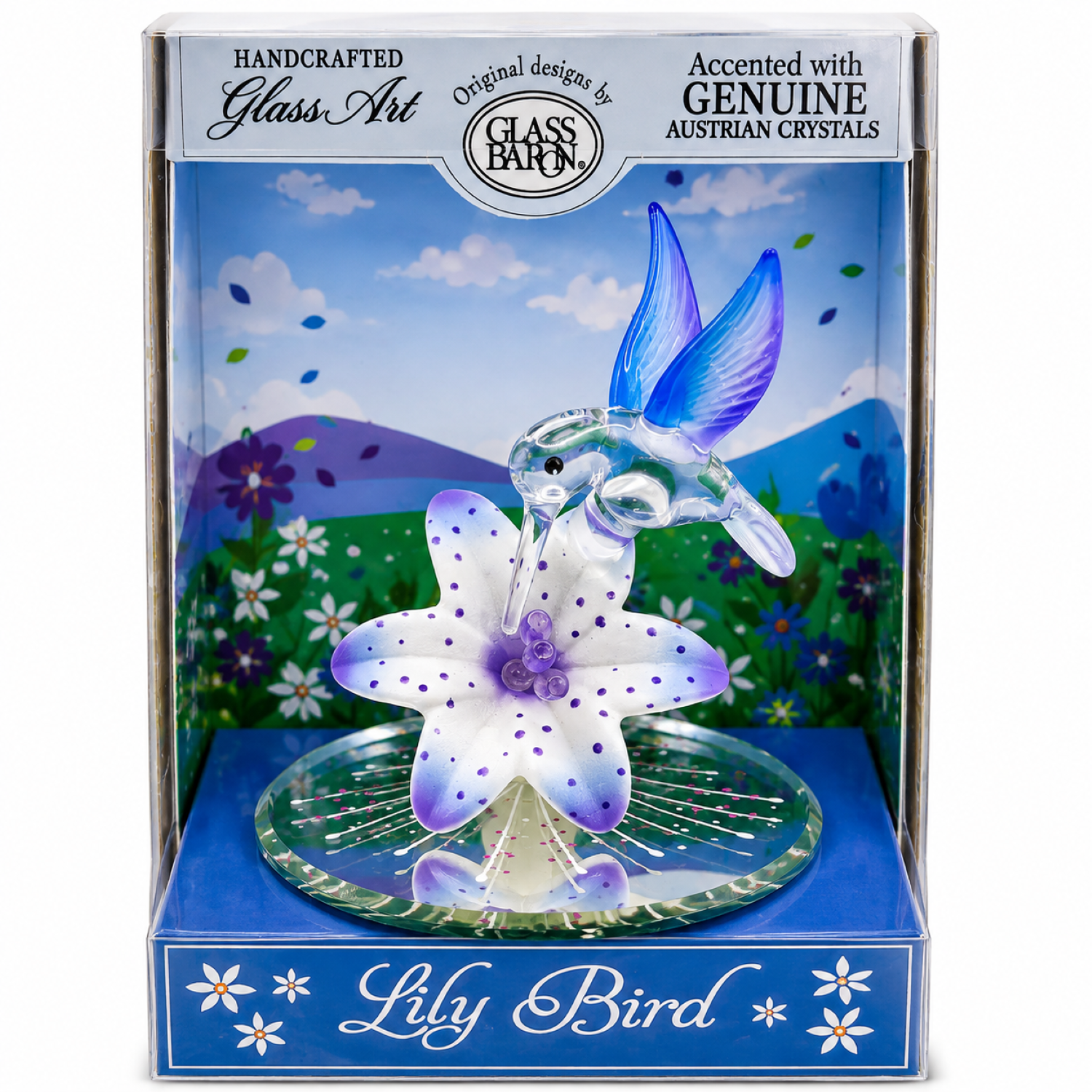Handcrafted glass hummingbird figurine hovering over a lily flower with Genuine Austrian Crystal accents in a decorative keepsake display box.