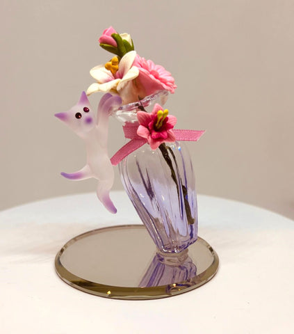 Cute Cat with Vase Figurine Handcrafted Pink Cat with Flowers on Glass