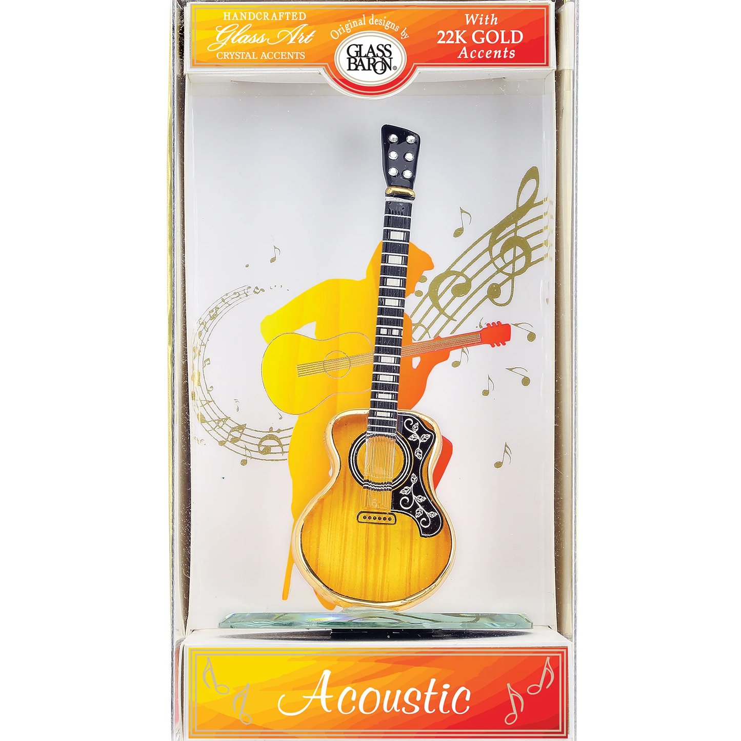 Acoustic guitar glass figurine inside keepsake box with music notes background music themed gift for guitarist