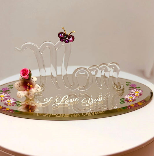 Mom “I Love You” Glass Figurine with Butterfly and Flowers