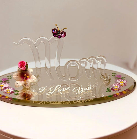 Mom “I Love You” Glass Figurine with Butterfly and Flowers