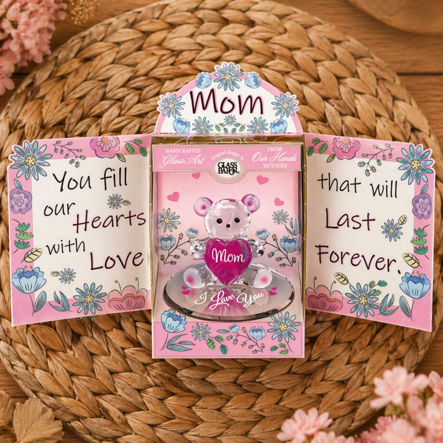 Glass Bear Figurine Gift for Mom Handcrafted Mother’s Day with Heart Love You Decor