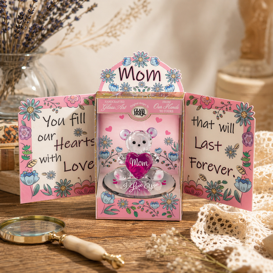 Glass Bear Figurine Gift for Mom Handcrafted Mother’s Day with Heart Love You Decor