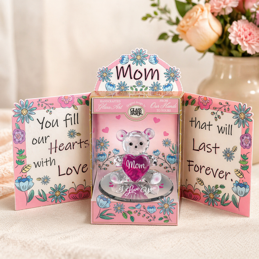 Glass Bear Figurine Gift for Mom Handcrafted Mother’s Day with Heart Love You Decor