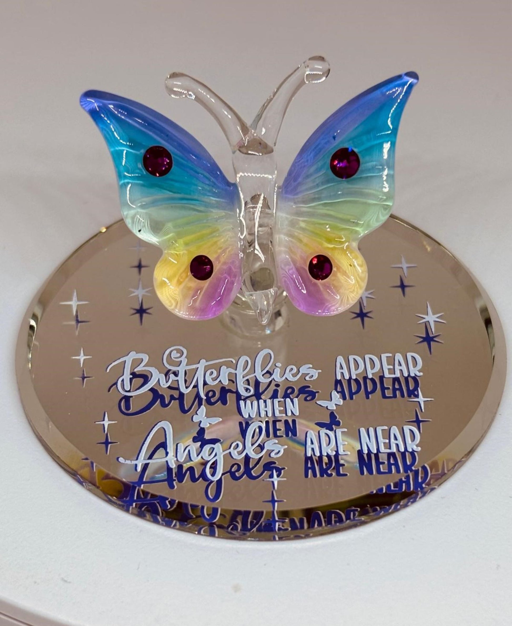 Handcrafted rainbow glass butterfly figurine with Angels Are Near message on beveled mirror base