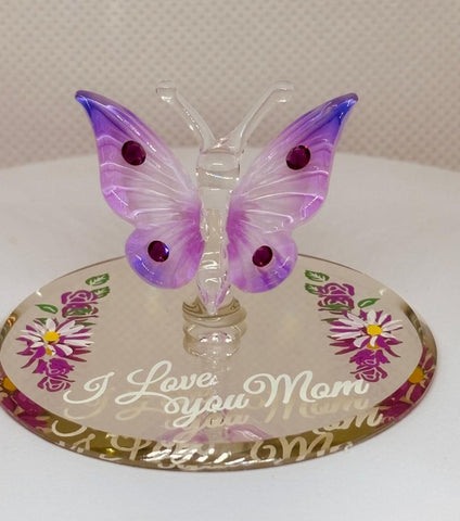 Handcrafted glass butterfly figurine with “I Love You Mom” message on a mirror base. A thoughtful Mother’s Day or birthday gift.