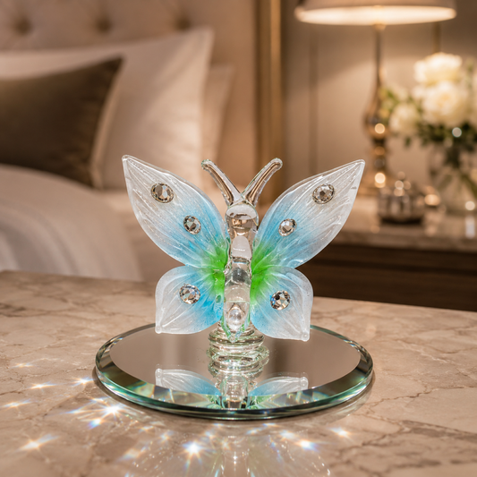 Handcrafted glass butterfly figurine with blue and green wings and genuine crystal accents displayed on a beveled mirror base