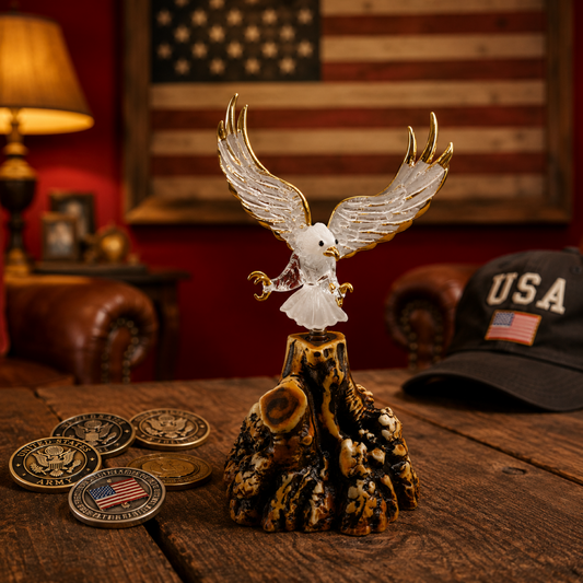Handcrafted bald eagle glass figurine with gold accents and wings spread in mid-flight mounted on a natural-inspired decorative base.