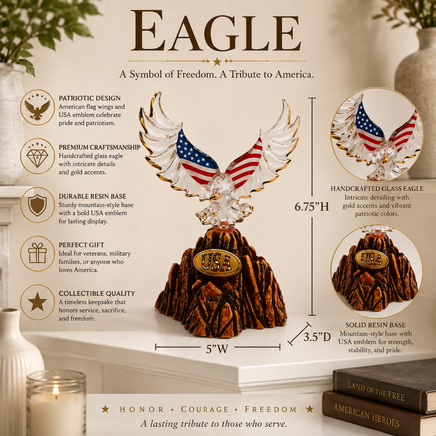 Patriotic Eagle Glass Figurine | USA Flag Wings American Pride Display Decor