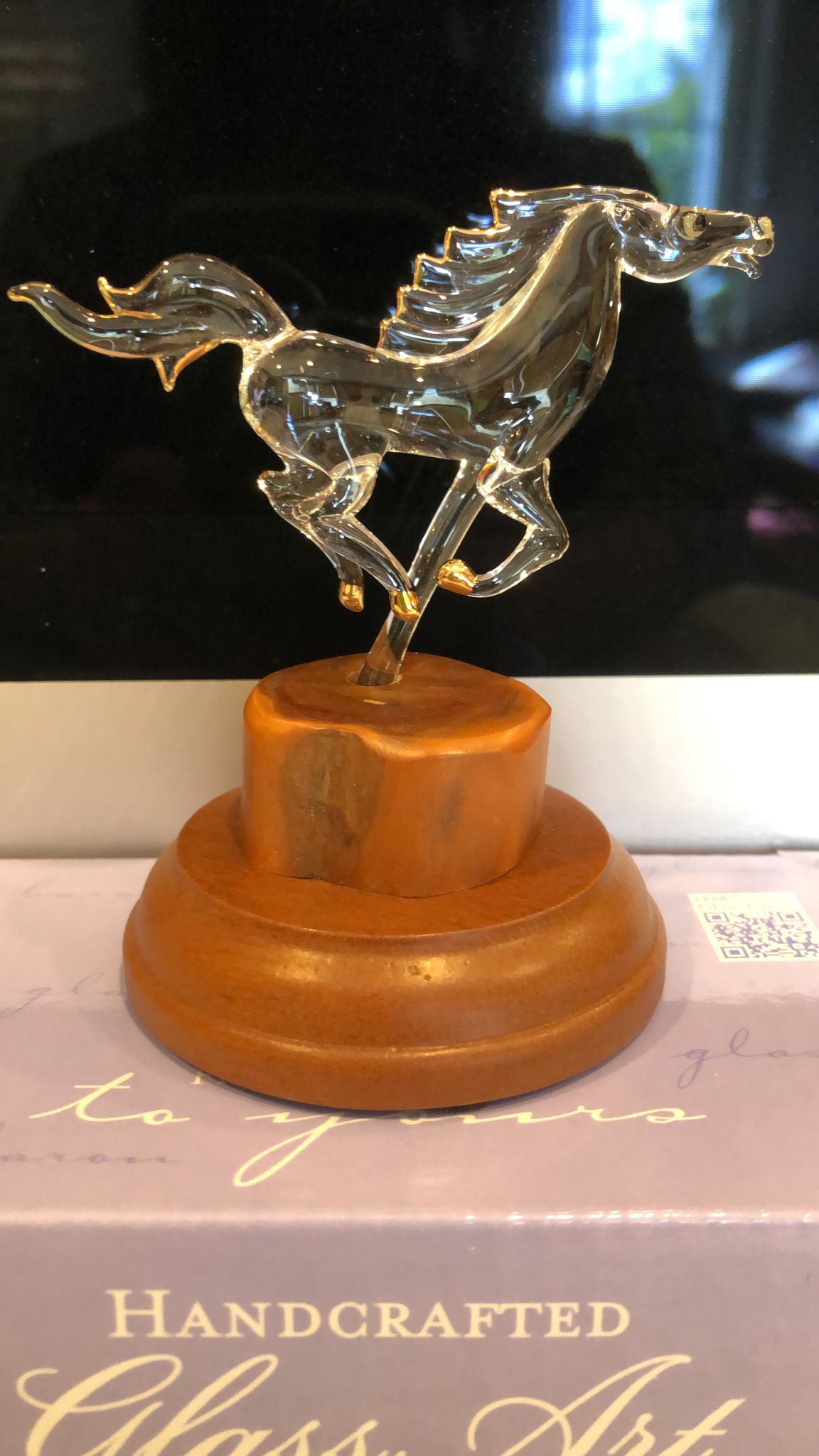 Glass Horse Figurine Running Horse Sculpture Gift for Horse Lover | Equestrian Decor Wood Base