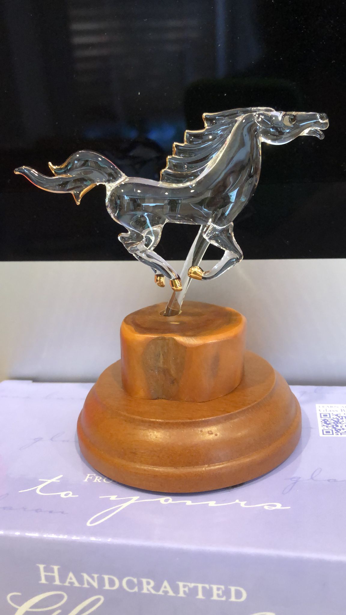 Glass Horse Figurine Running Horse Sculpture Gift for Horse Lover | Equestrian Decor Wood Base