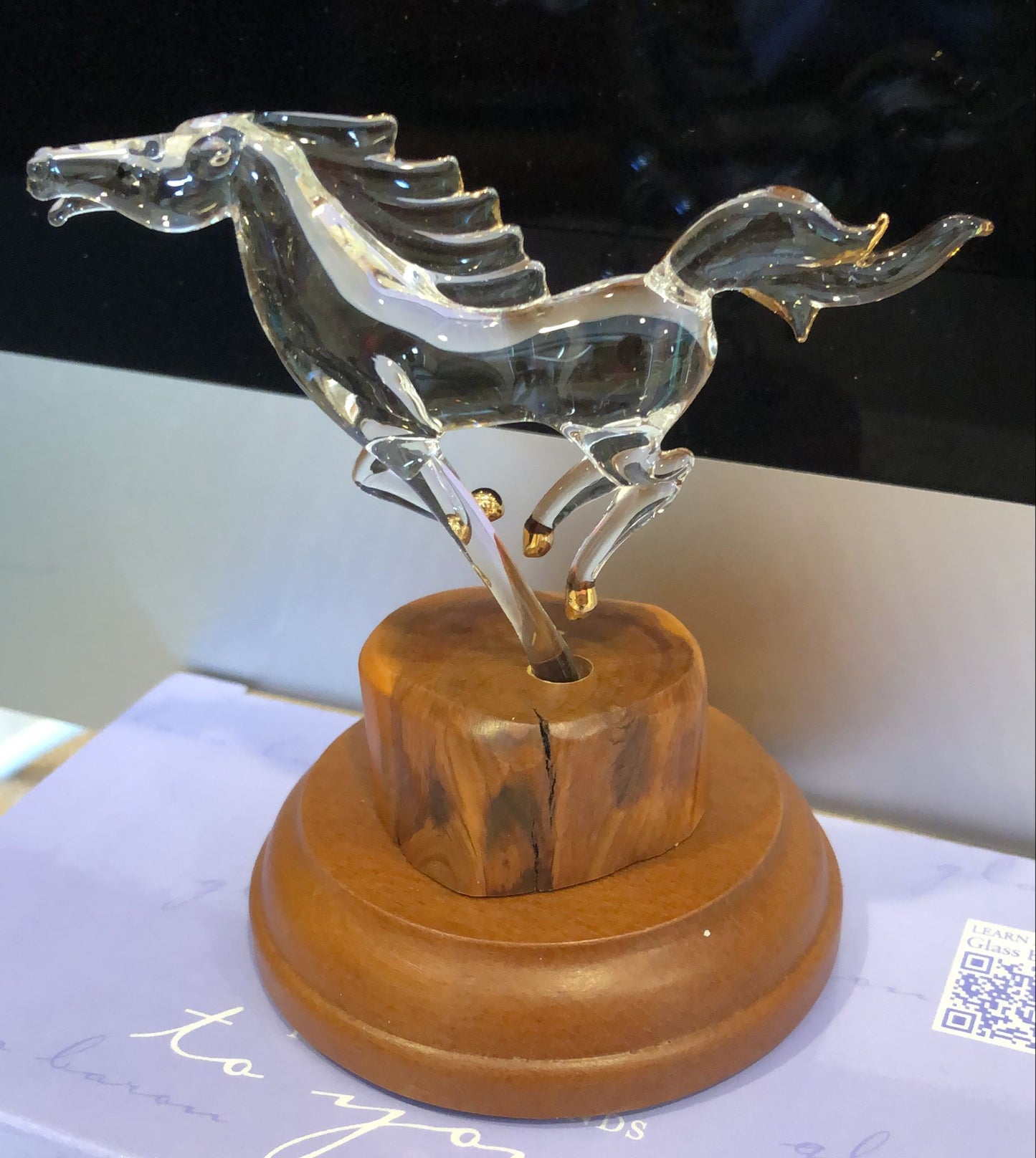 Glass Horse Figurine Running Horse Sculpture Gift for Horse Lover | Equestrian Decor Wood Base