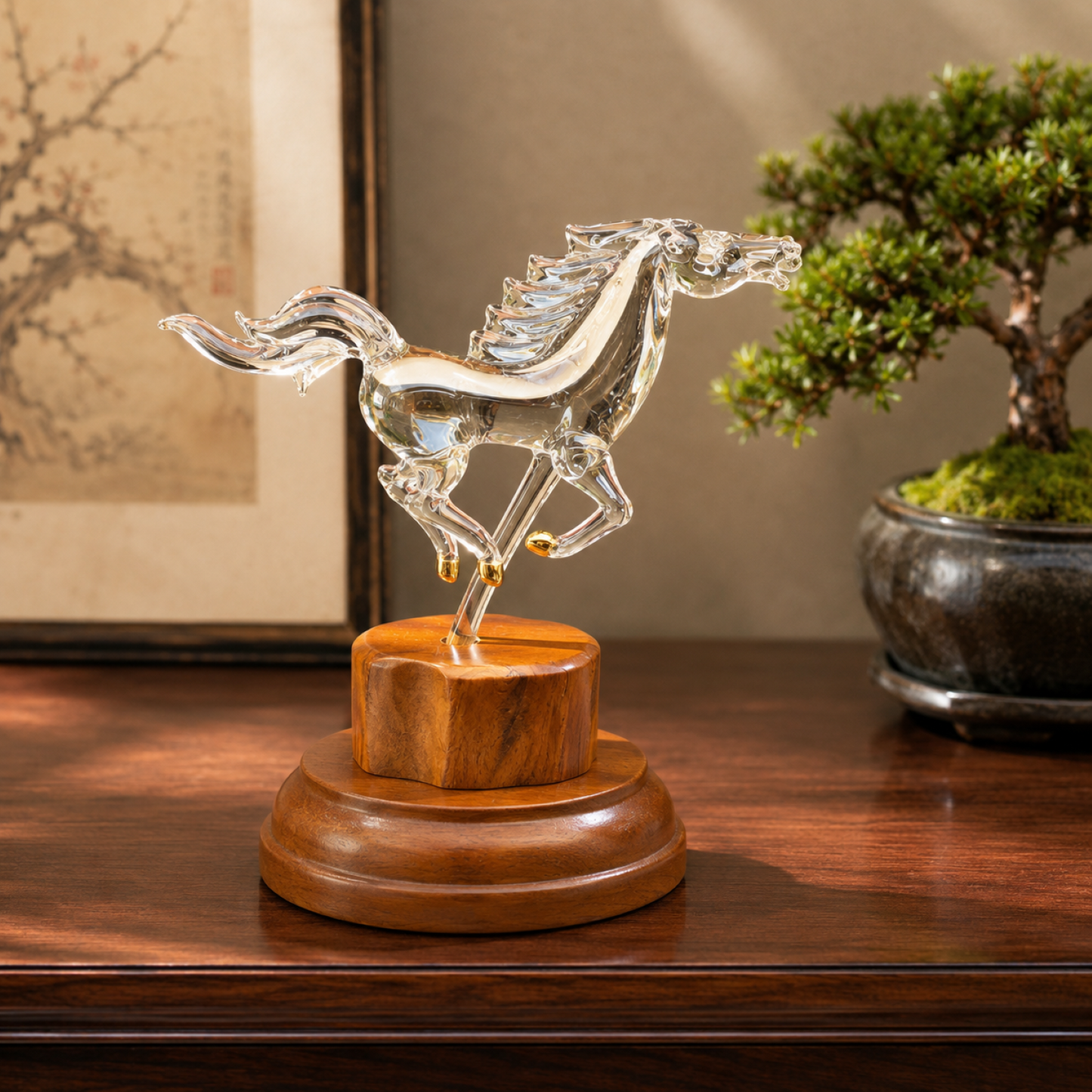 Glass Horse Figurine Running Horse Sculpture Gift for Horse Lover | Equestrian Decor Wood Base