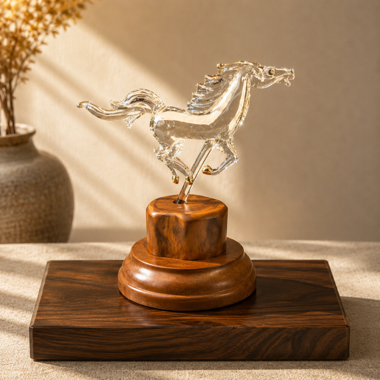 Glass Horse Figurine Running Horse Sculpture Gift for Horse Lover | Equestrian Decor Wood Base