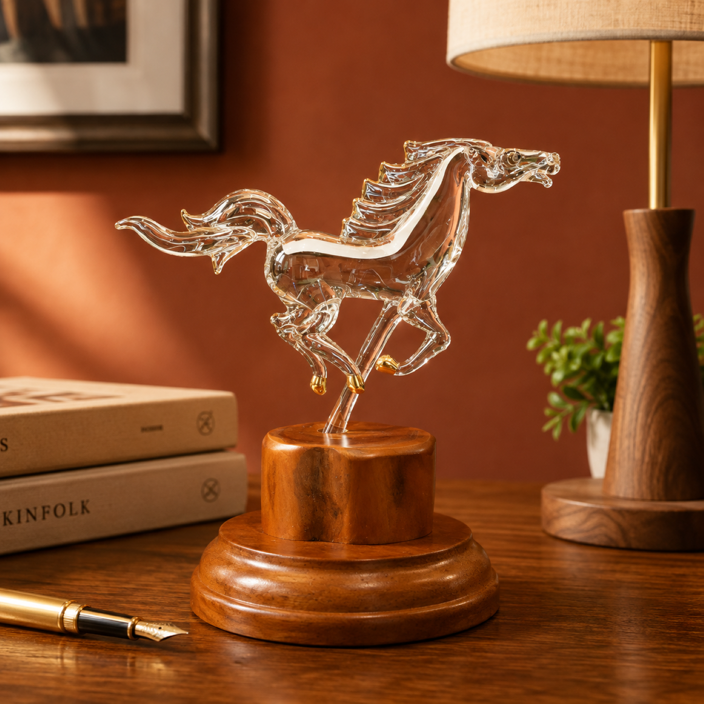 Glass Horse Figurine Running Horse Sculpture Gift for Horse Lover | Equestrian Decor Wood Base