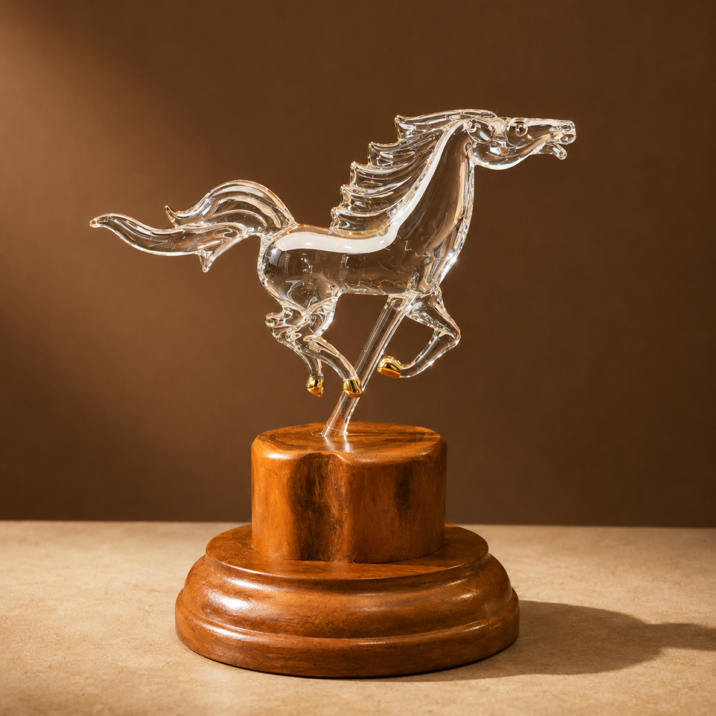 Glass Horse Figurine Running Horse Sculpture Gift for Horse Lover | Equestrian Decor Wood Base