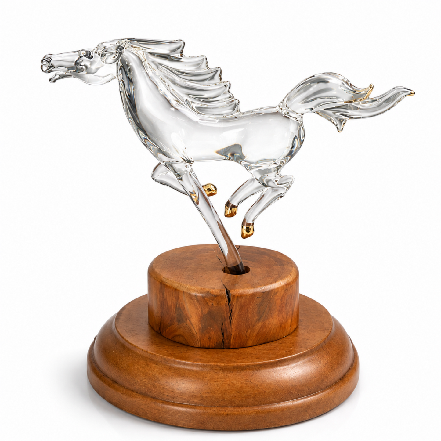 Glass Horse Figurine Running Horse Sculpture Gift for Horse Lover | Equestrian Decor Wood Base