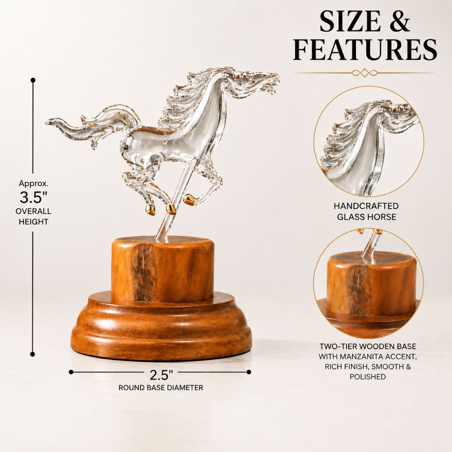 Glass Horse Figurine Running Horse Sculpture Gift for Horse Lover | Equestrian Decor Wood Base