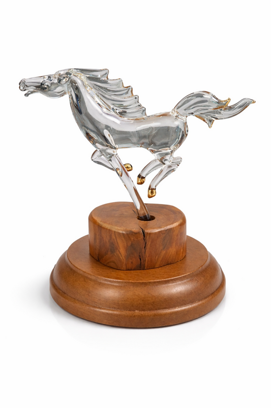 glass running horse figurine on wood base equestrian decor horse lover gift small sculpture