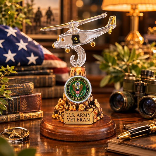 Handcrafted U.S. Army Veteran helicopter figurine with decorative base and gold accents