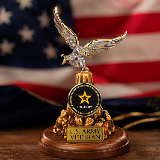 Handcrafted U.S. Army Veteran glass eagle figurine with genuine crystals, 22Kt gold accents, decorative base, and embossed veteran plaque.