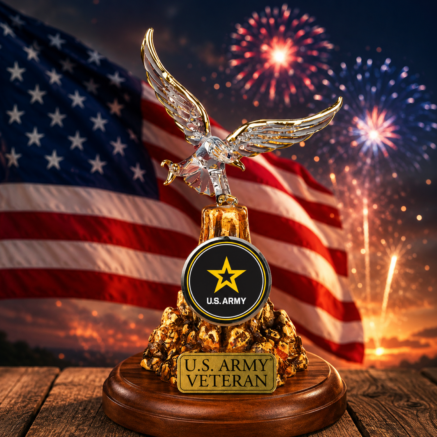 U.S. Army Veteran Eagle Figurine Handcrafted Military Gift with Crystals & 22kt Gold