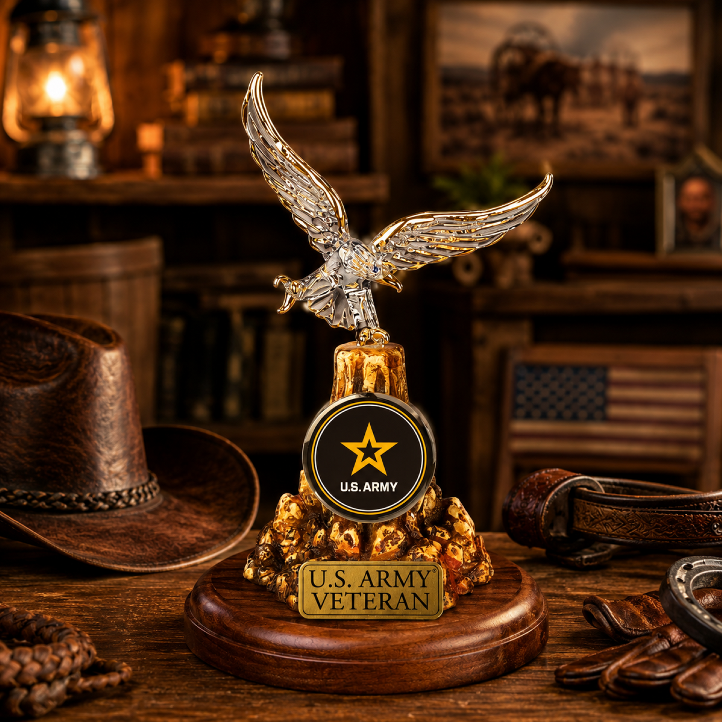U.S. Army Veteran Eagle Figurine Handcrafted Military Gift with Crystals & 22kt Gold