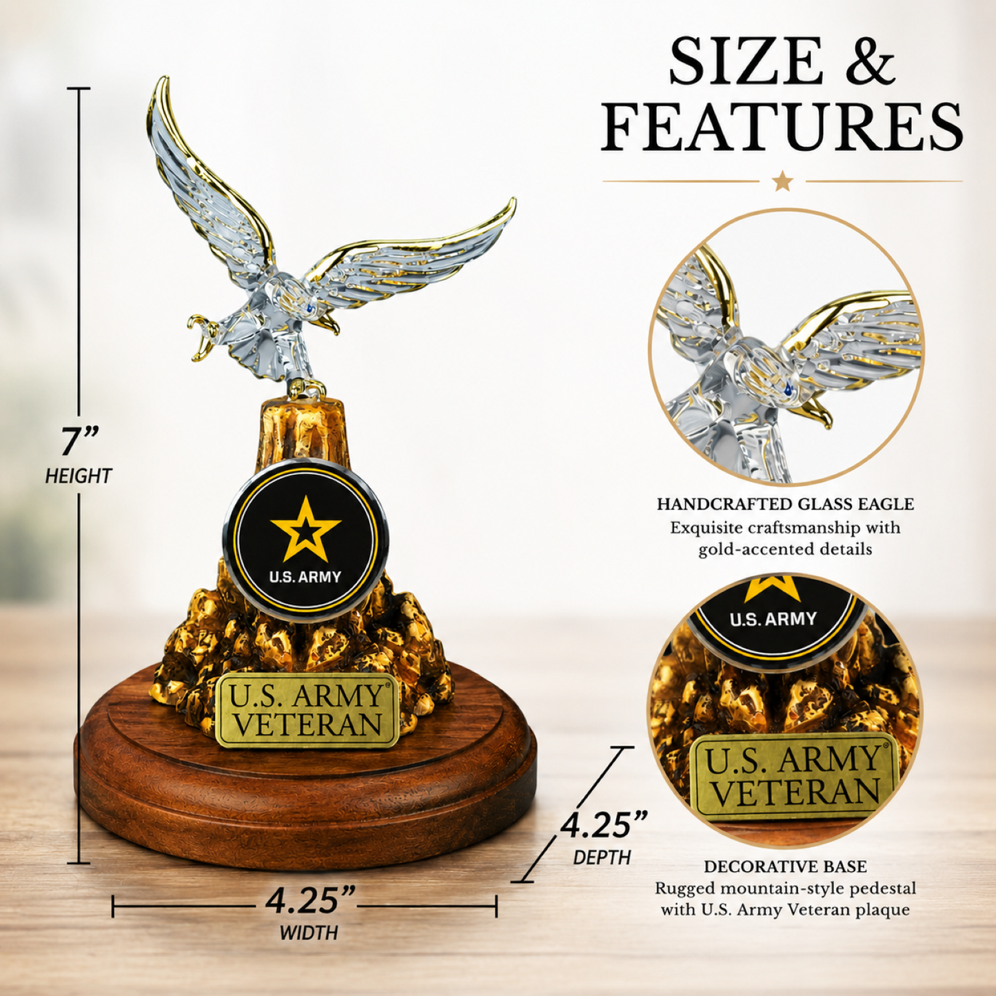 U.S. Army Veteran Eagle Figurine Handcrafted Military Gift with Crystals & 22kt Gold