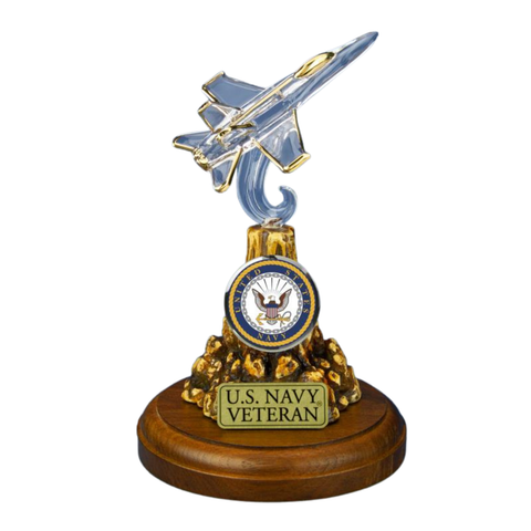 U.S. Navy Veteran F-18 Fighter Jet Figurine – Handcrafted Glass with 22K Gold Accents