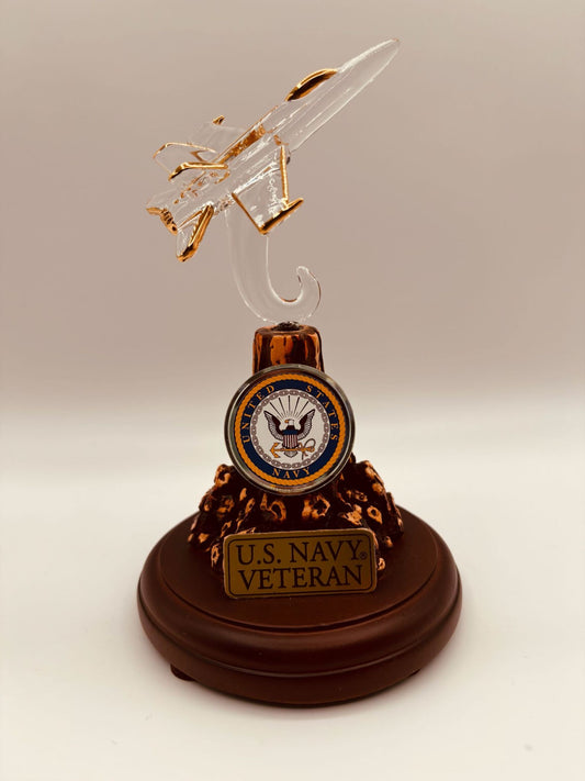Handcrafted U.S. Navy F-18 jet glass figurine mounted on a decorative base with “U.S. Navy Veteran” metal plaque and gold accents
