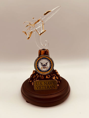 Handcrafted U.S. Navy F-18 jet glass figurine mounted on a decorative base with “U.S. Navy Veteran” metal plaque and gold accents